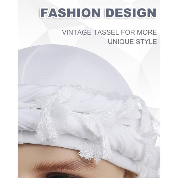⚡Men Women 1 Pcs- White Satin Head Wraps Skull Cap Tassels Braid Beanie Turban - Picture 4 of 9